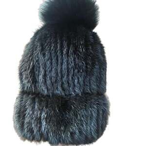 Black Knitted Mink Fur Beanie Hat with Fox Fur Pom - %,